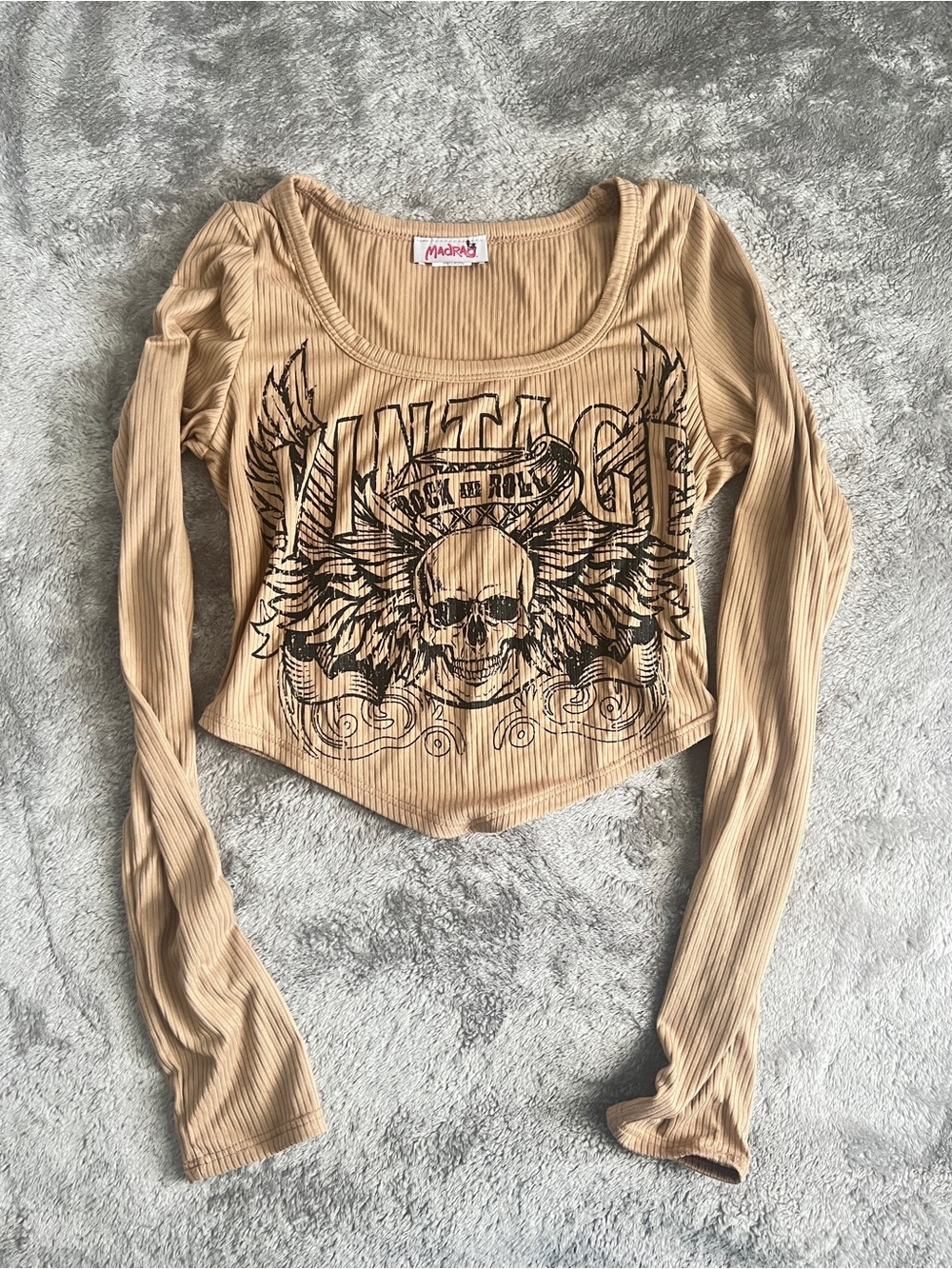 MadRag Beige Ribbed Long-Sleeve Graphic Crop Top
